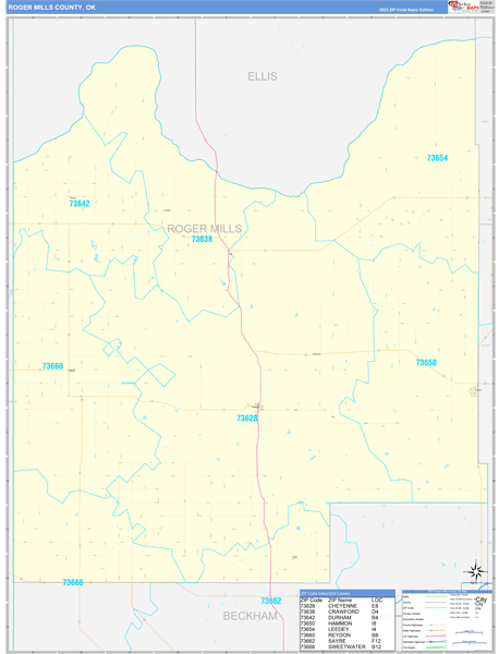 Roger Mills County, OK Zip Code Wall Map